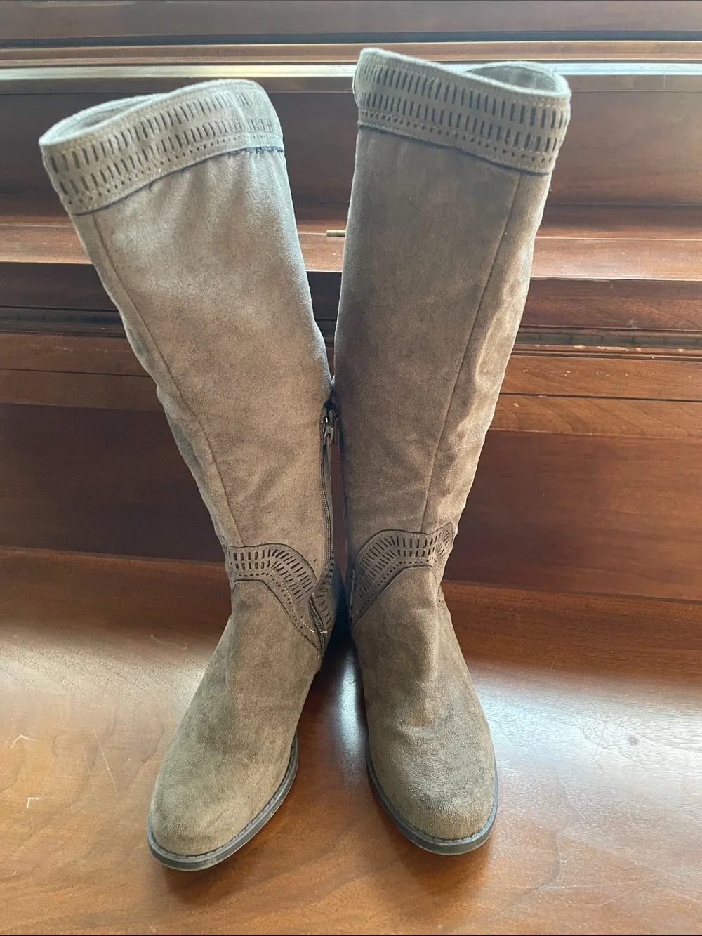 Below-the-Knee Suede Boots in Taupe